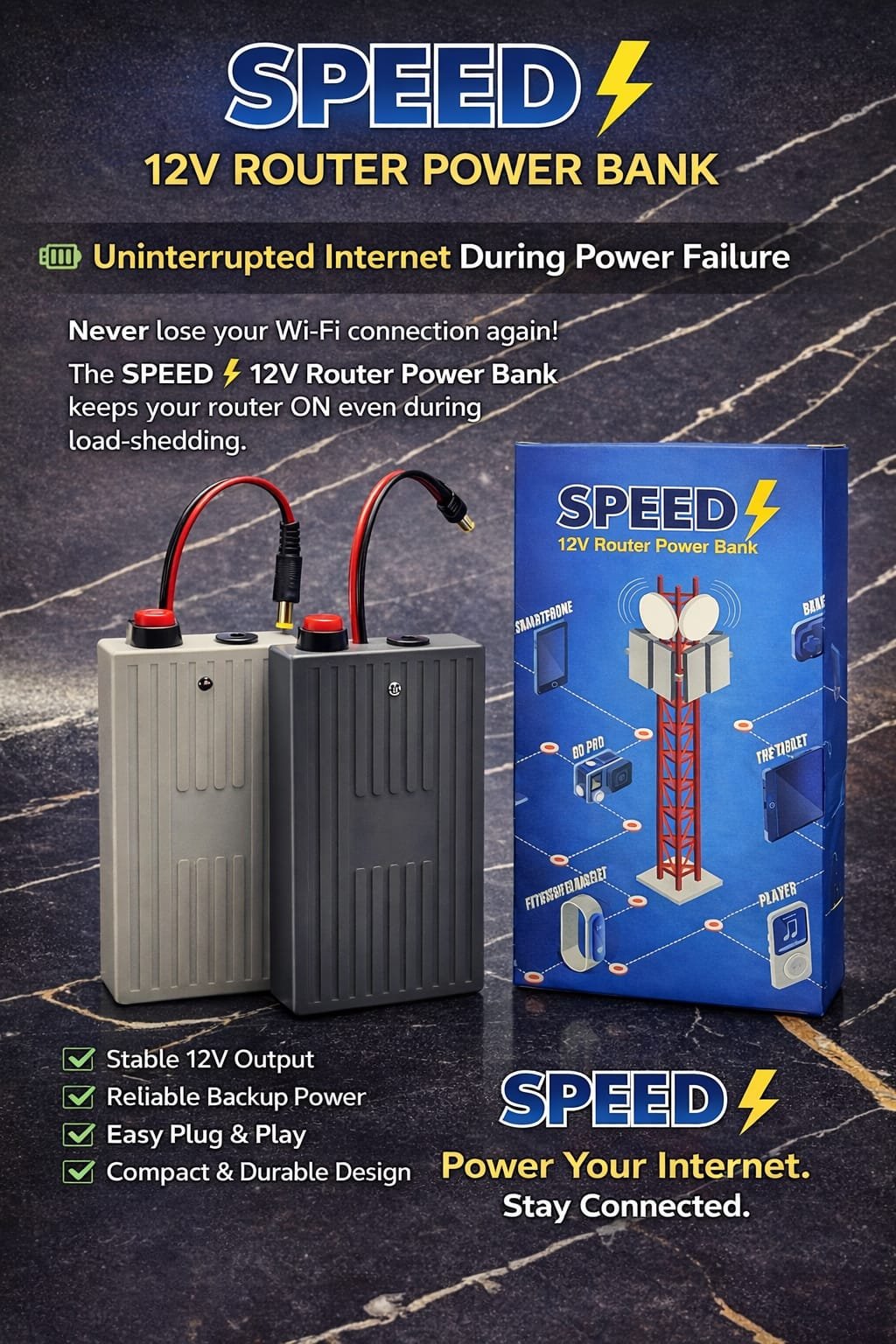 9a8bf3ae845c780f73274b9ef0e1d605-17 Speed 12V Router Power Bank – Mini UPS Backup Battery for WiFi Router - 20,000 mAh (Charger Not Included) - Image 1
