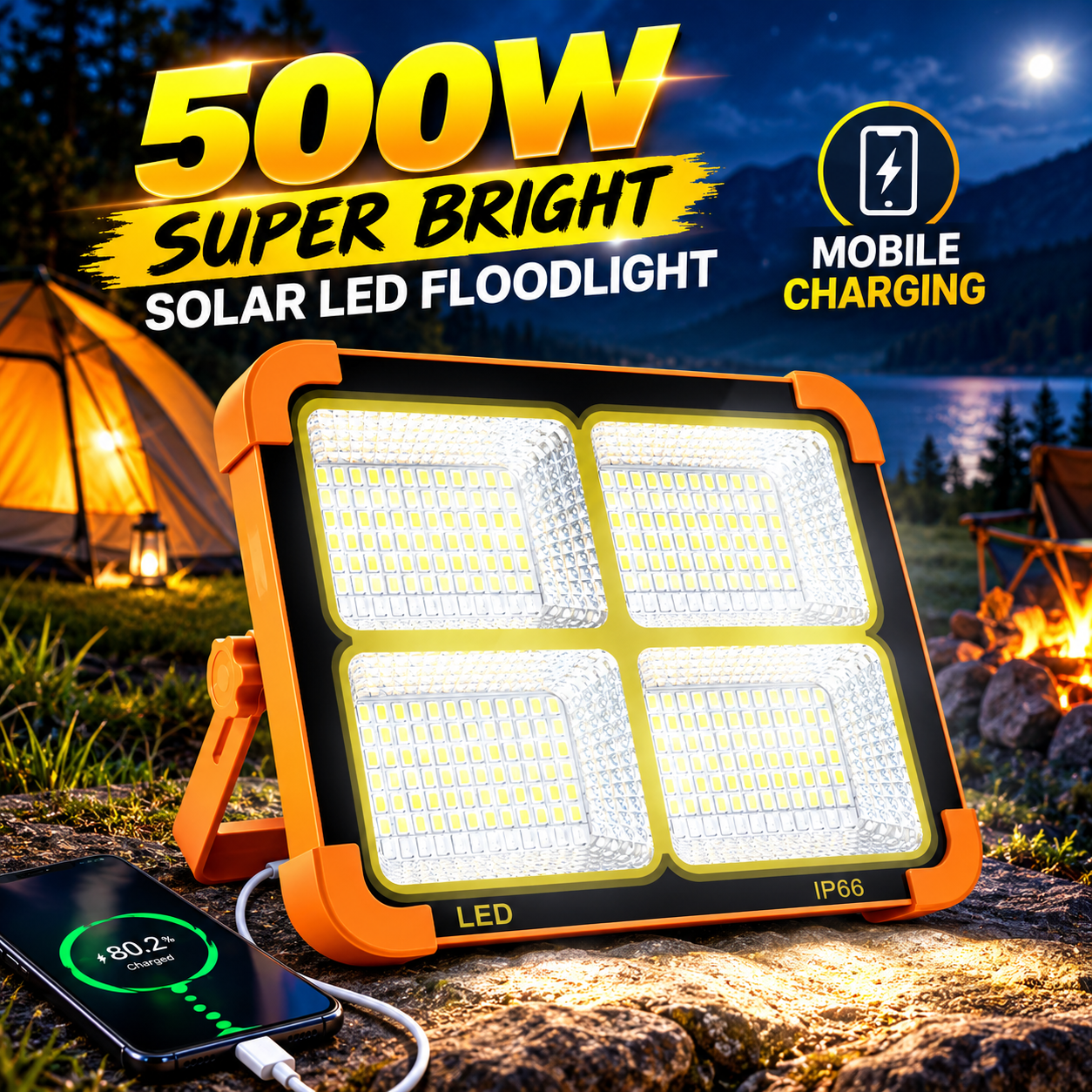 0ac1a5fa04efdc822e364700ccff185a Super Bright 500W Solar Floodlight | Rechargeable LED Camping Light with Mobile Charging | Emergency Lantern & Powerful Outdoor Work Lamp - Image 1