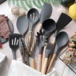 12 Pcs Kitchen Utensils Set | BPA Silicon & Wooden Kitchen Spoon Set |  Heat Resistant Kitchen Non toxic Spatula Set with Turner Tongs,Spoon,Brush,Whisk-Wooden Handle - Random Color - Image 2