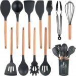12 Pcs Kitchen Utensils Set | BPA Silicon & Wooden Kitchen Spoon Set |  Heat Resistant Kitchen Non toxic Spatula Set with Turner Tongs,Spoon,Brush,Whisk-Wooden Handle - Random Color - Image 5