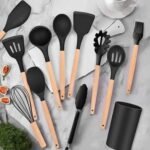 12 Pcs Kitchen Utensils Set | BPA Silicon & Wooden Kitchen Spoon Set |  Heat Resistant Kitchen Non toxic Spatula Set with Turner Tongs,Spoon,Brush,Whisk-Wooden Handle - Random Color - Image 3